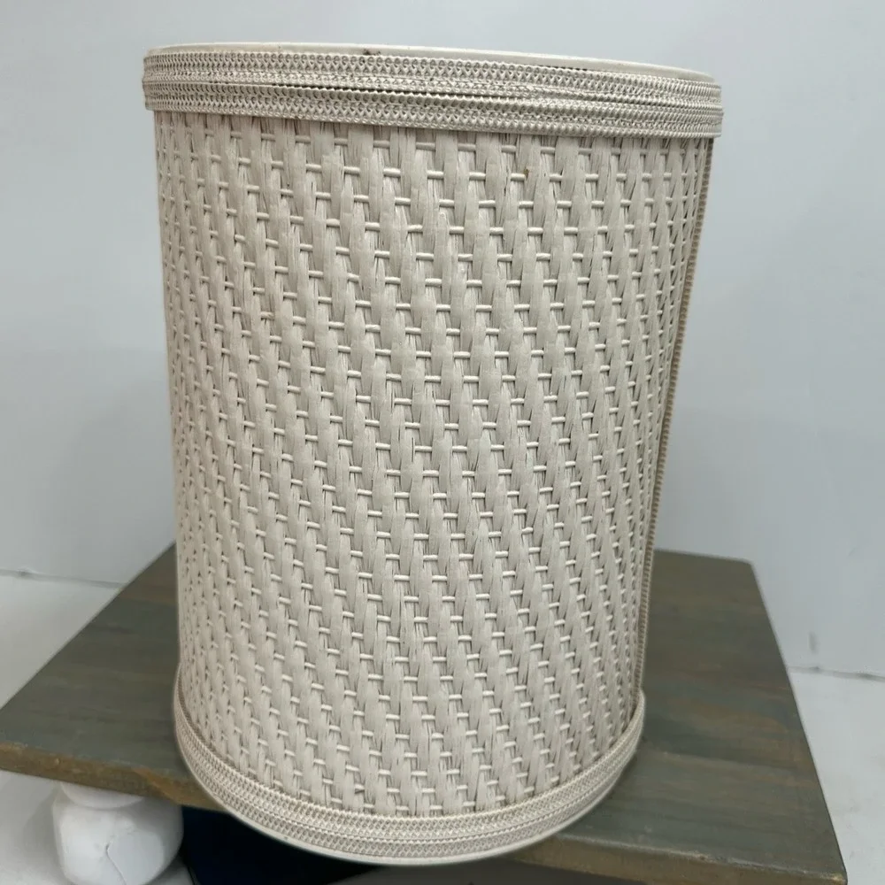 Vintage Woven Wicker & Plastic Wastebasket Trash Can White Cottagecore Beach